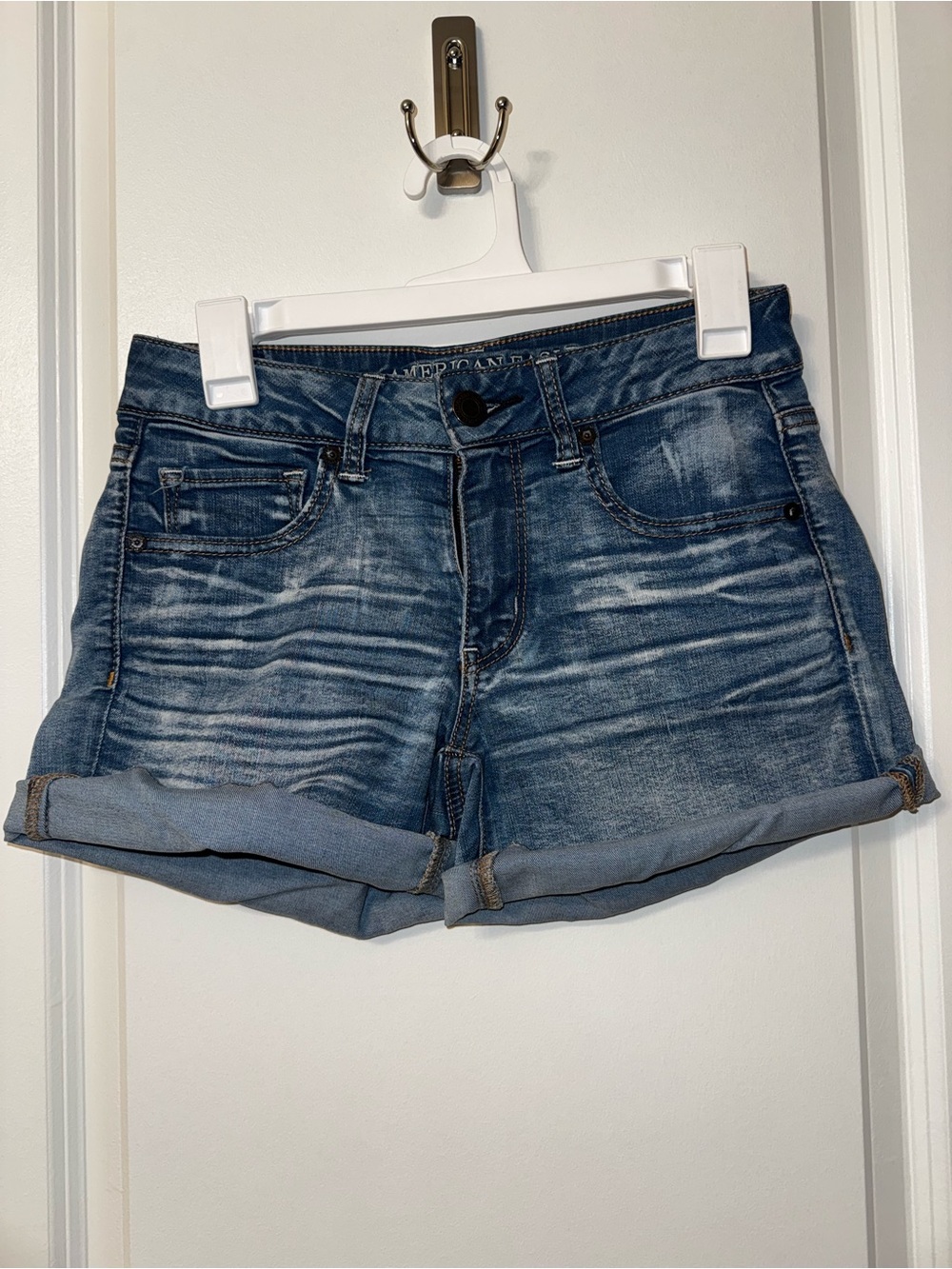 American Eagle Outfitters Distressed Blue Roll-Cuff Denim Shorts